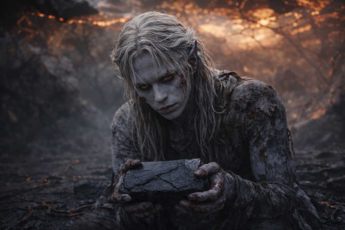 Drusniel on his knees in the ash