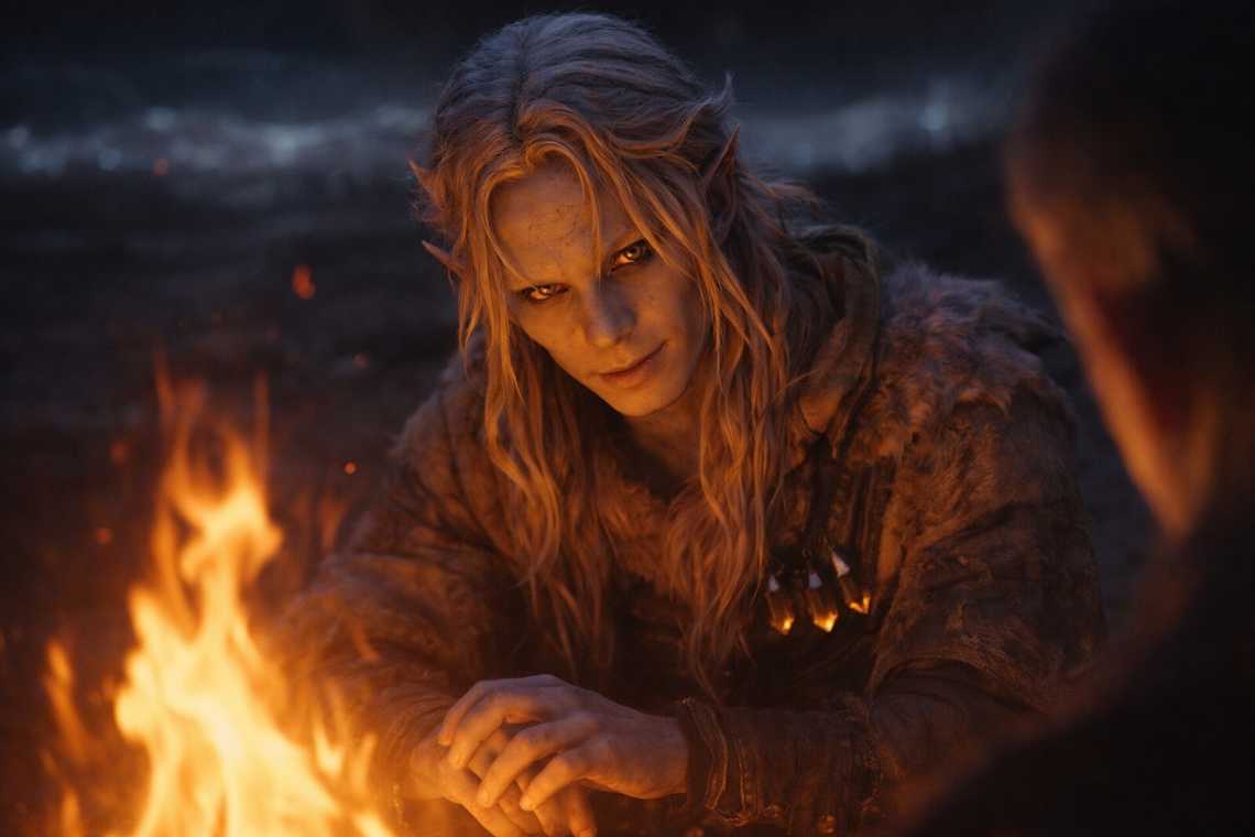 Drusniel across the fire, watching Srietz through the flames