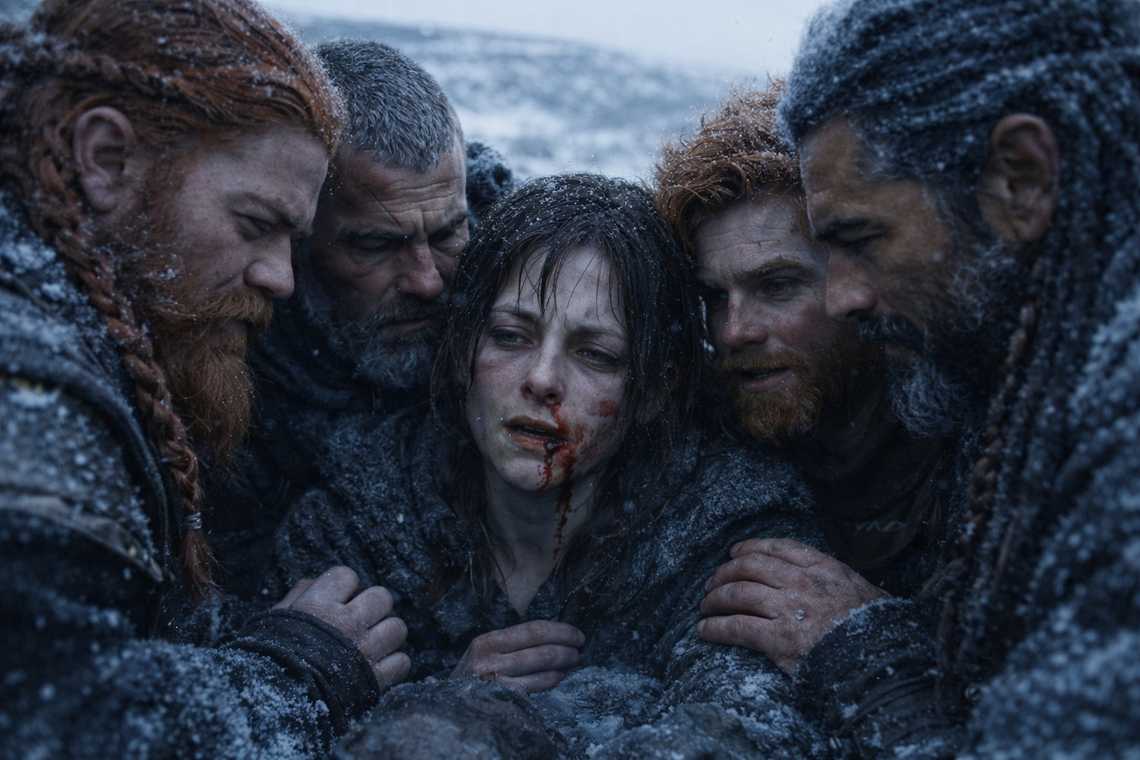 Maris tries to speak, blood on her face, while the group listens