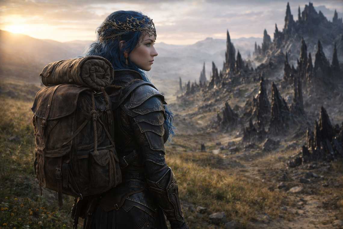 Nyxara carrying her pack into contested territory