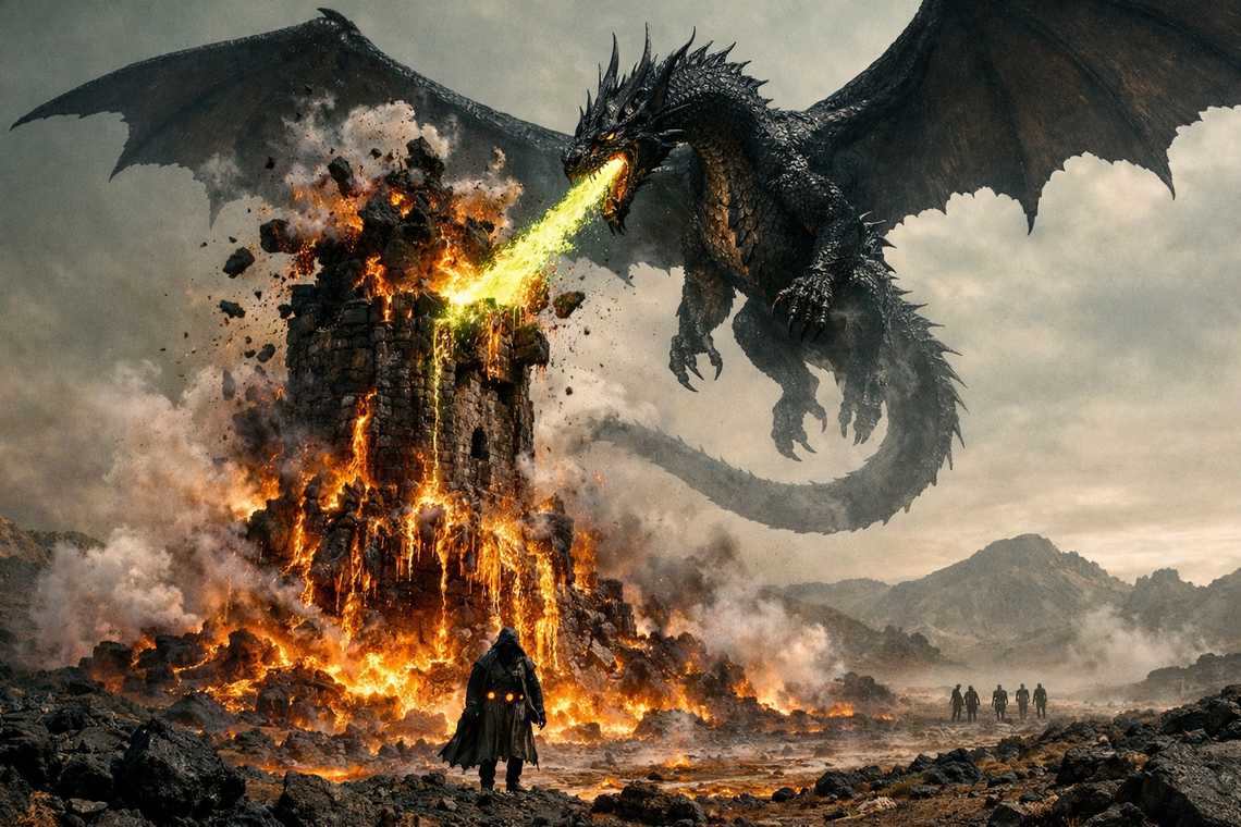 Burning tower beneath a majestic black dragon
