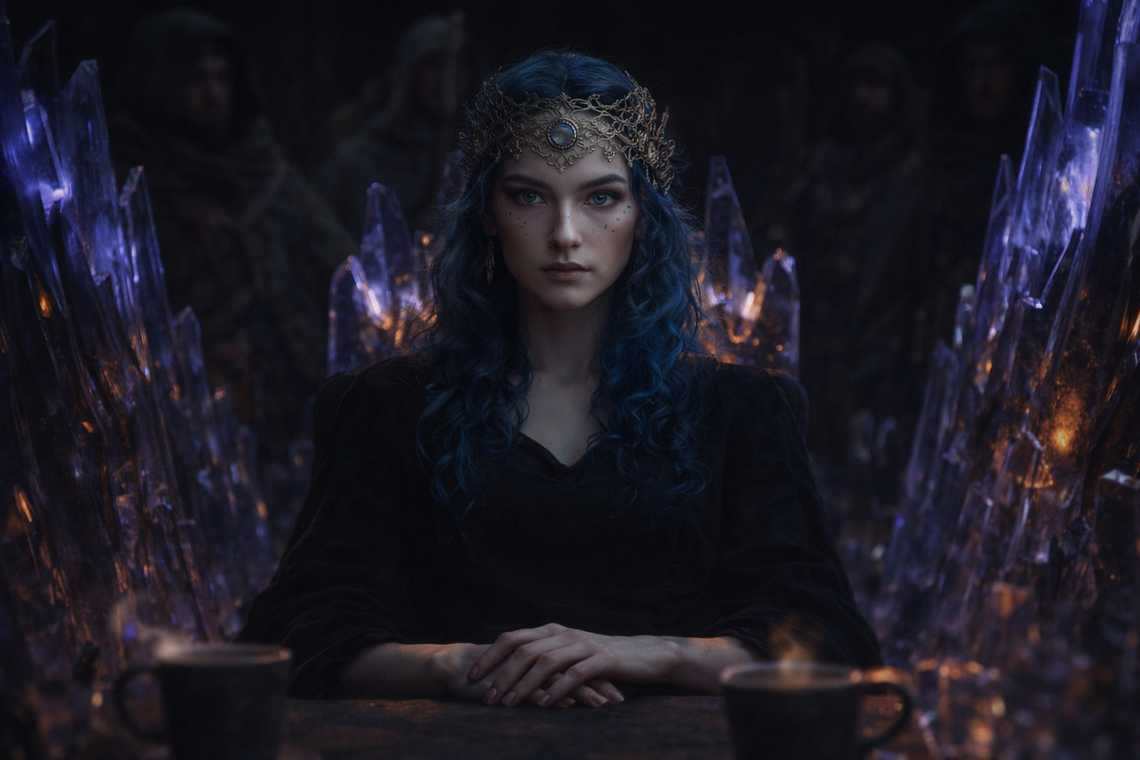 Obsidian portrait of Nyxara at the head of the table