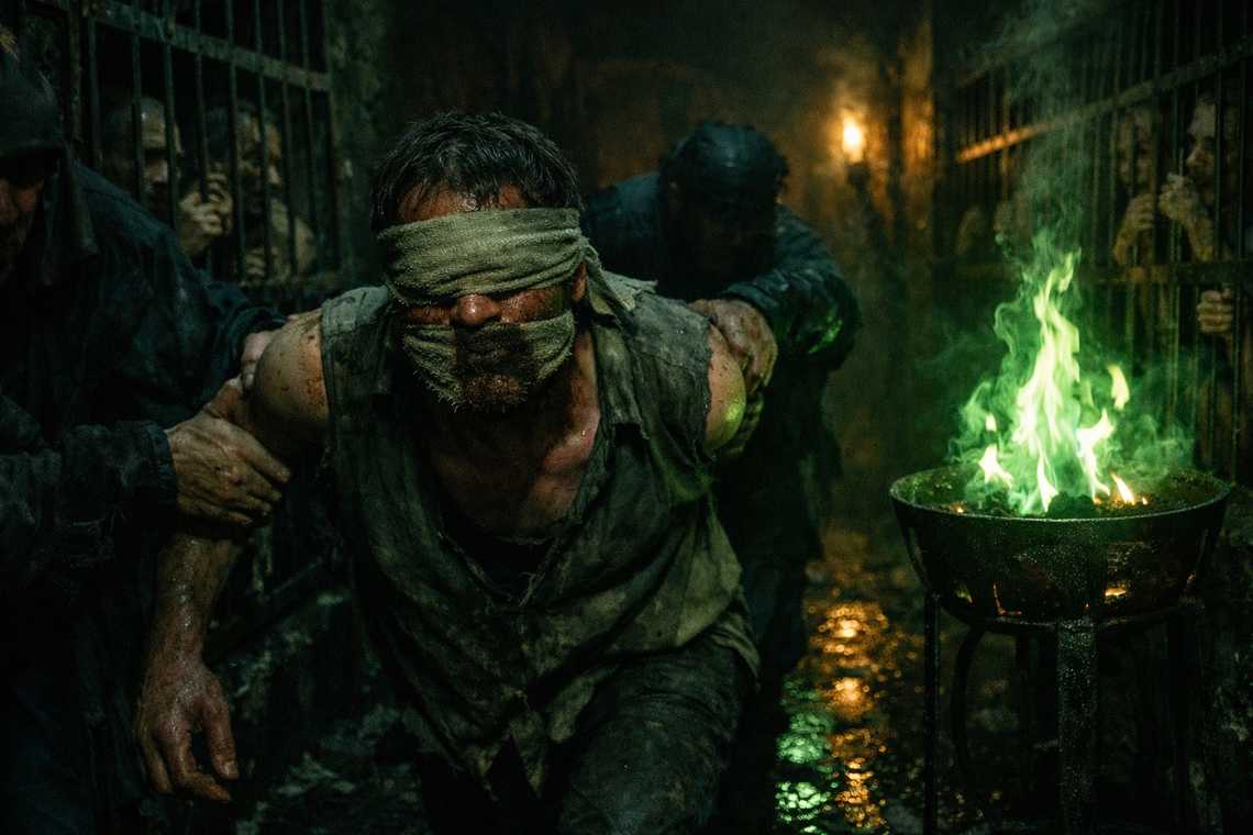 Varian es guiado con los ojos vendados por corredores de horror