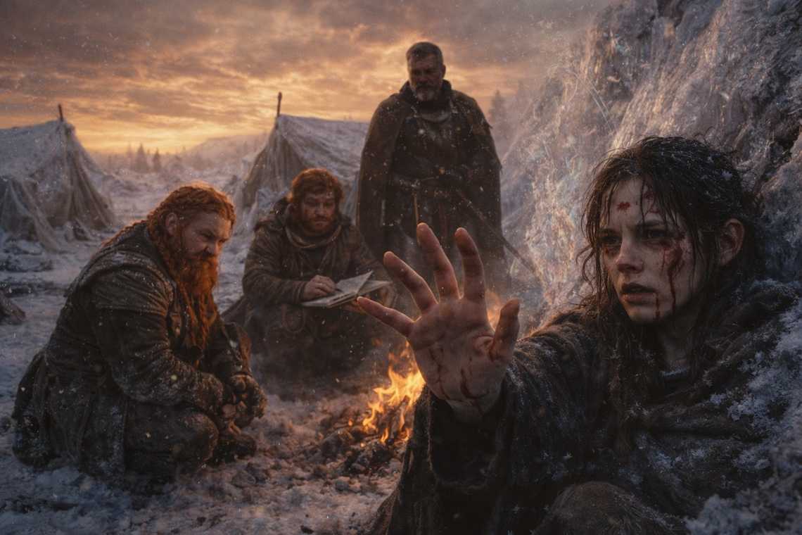 Maris holding the connection, blood on her face, ice in her hair, the bruised gold sky above