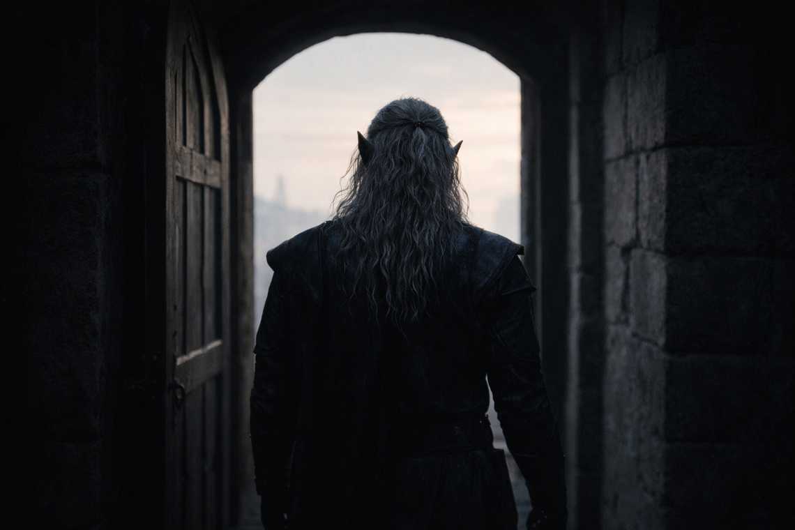 Szoravel turning away toward the tower