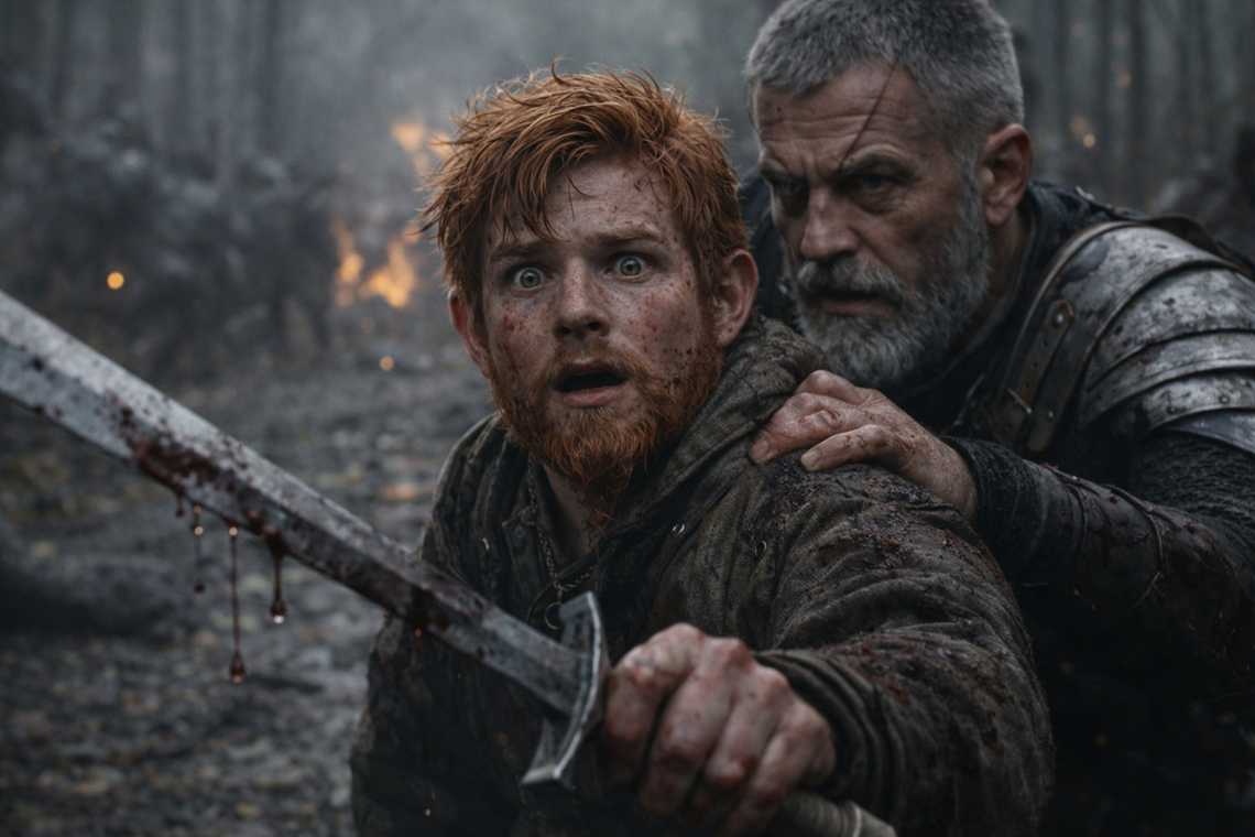 Balin in shock staring at the blood on his sword