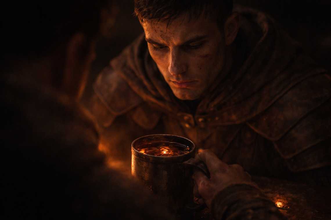 Varian reflexiona mientras el fuego se refleja en su jarra