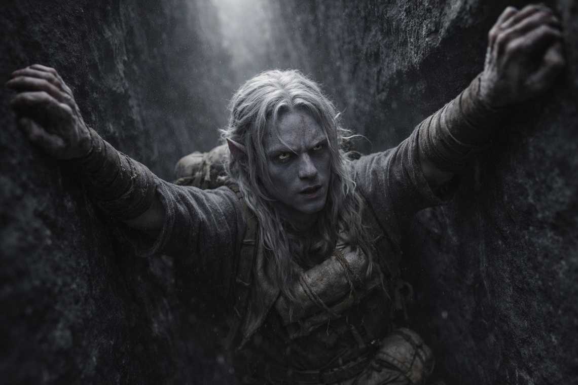 Drusniel climbing toward daylight through the stone chimney