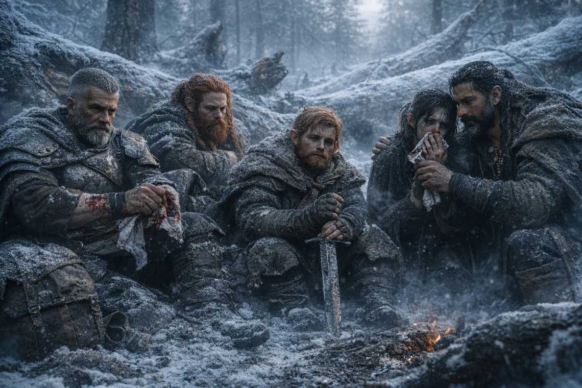 Eldric binds his own wound one-handed, eyes never leaving the treeline