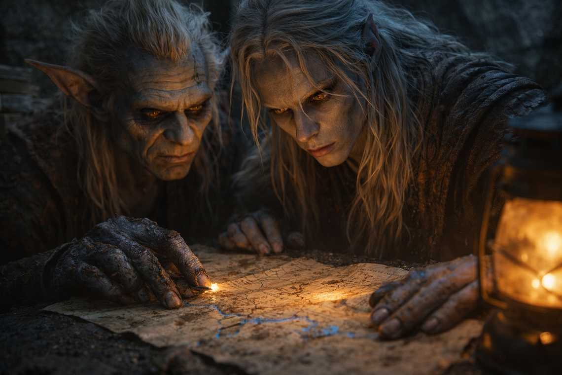 Srietz traces border lines on a mud-stained map while Drusniel watches