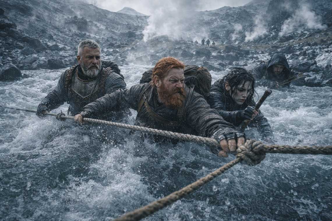 The group fording the river roped together
