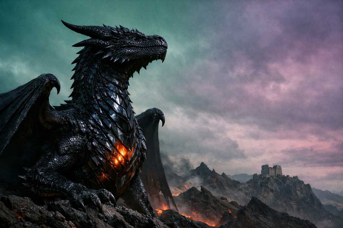 The black dragon's profile against the distorted sky