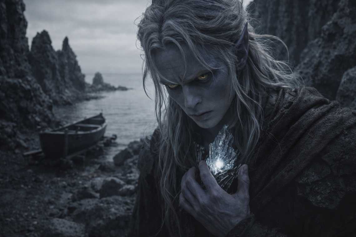 Boat waiting in a cove of tooth-shaped black rocks