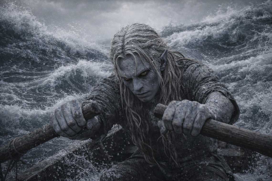 Drusniel rowing through an endless gray nightmare sea