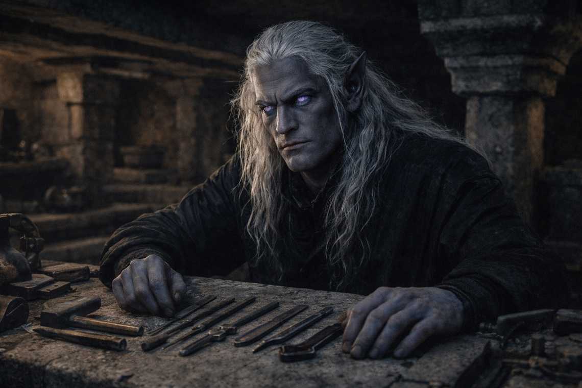 Szoravel at the stone workbench preparing instruments