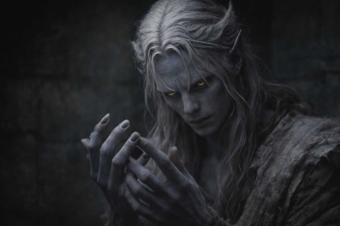 Drusniel's adapted hands in the low light of the outpost