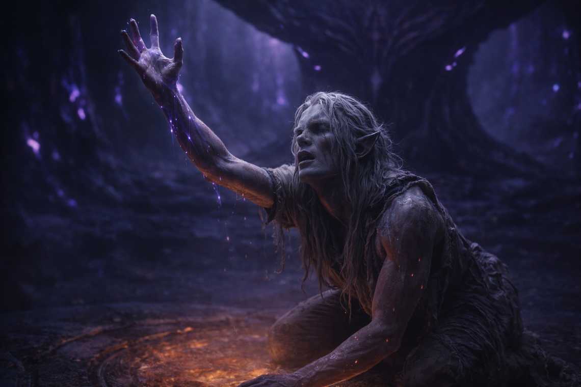 Drusniel kneels on the platform and reaches for Venemora