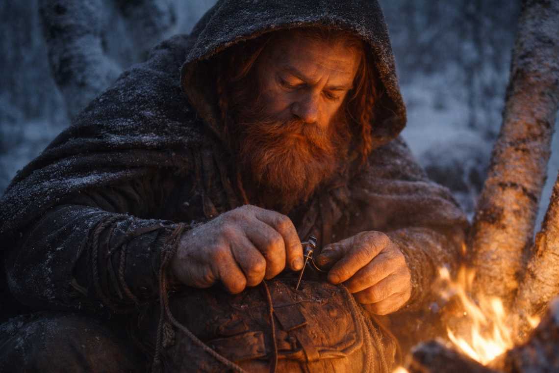 Dulint mending a pack strap by firelight